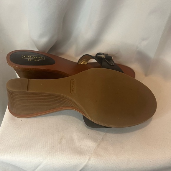 Coach Black and Brown Wedge Sandals with Patent Leather Strap - Picture 4 of 7